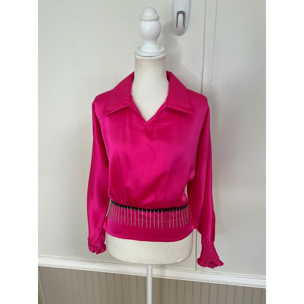 YMZlife Hot Pink Satin Blouse Rhinestone Fringe Smocked Cuffs V-Neck Top Sz 40